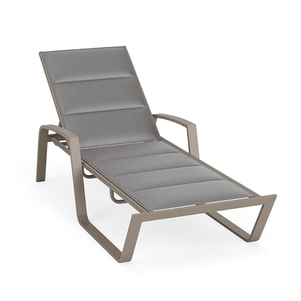 Skyline outdoor chaise lounge featuring Metallica Platinum gray padded sling fabric, Satin Amber aluminum frame, and adjustable reclining backrest