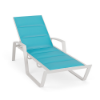 Skyline padded sling commercial chaise lounge with Aruba turquoise fabric, Sky White aluminum frame, armrests, and adjustable reclining backrest