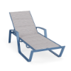 Skyline commercial chaise lounge featuring patterned Broadway padded sling fabric, Steel Blue aluminum frame, and four-position adjustable backrest