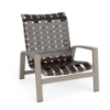 Three-quarter front view of a commercial sand chair showcasing a satin amber metal frame with dark bronze cross-weave vinyl straps.