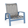 Front perspective of a low-slung commercial pool and beach sand chair featuring a steel blue frame and light gray vinyl cross-weave seating.