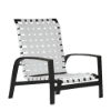 A three-quarter front view of a low-profile Skyline commercial outdoor sand chair featuring a black aluminum frame and a cross-weave pattern made of thick white vinyl straps.