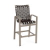 A three-quarter front view of a high-top commercial bar chair with a satin amber metal frame, armrests, and dark bronze woven vinyl seat and back straps.