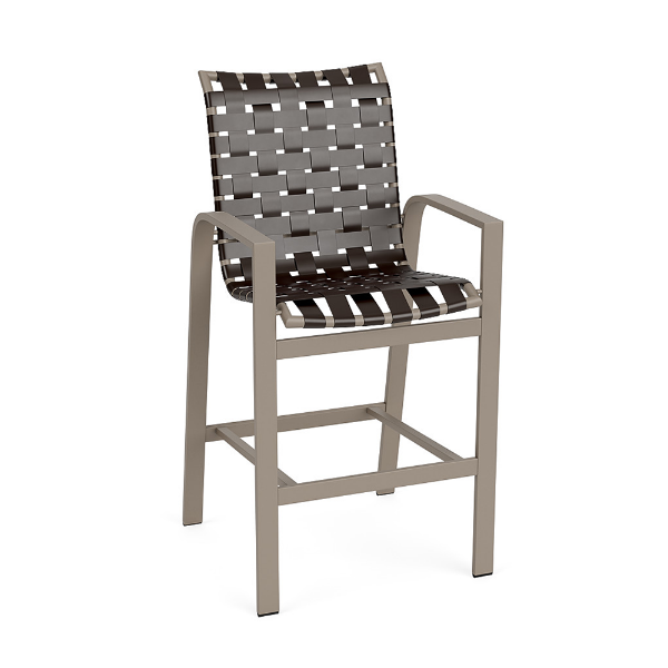 A three-quarter front view of a high-top commercial bar chair with a satin amber metal frame, armrests, and dark bronze woven vinyl seat and back straps.