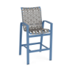 Front perspective view of a tall commercial patio bar height chair with a steel blue frame and light gray vinyl cross-weave seating.