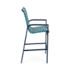 Side profile view of an elevated commercial outdoor bar chair featuring a deep blue metallic aluminum frame with cross-weave turquoise vinyl straps and integrated footrest.