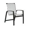 Three-quarter front view of a standard-height Skyline commercial outdoor dining chair featuring a black powder-coated aluminum frame, integrated armrests, and woven white vinyl straps in a cross-weave pattern.