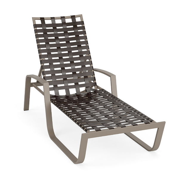 Front perspective view of an adjustable commercial poolside chaise lounge featuring a satin amber frame and dark bronze cross-weave vinyl straps.