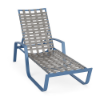 Front perspective of a commercial patio chaise lounge chair showing a steel blue aluminum frame and light gray vinyl cross-weave seating.