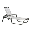 A three-quarter view of an adjustable commercial outdoor chaise lounge featuring a black aluminum frame, integrated armrests, and a cross-weave pattern made of white vinyl straps.