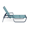 Side profile view of a pool lounge chair with a deep blue metallic powder-coated frame and woven turquoise vinyl straps.