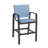 Three-quarter front perspective of a commercial outdoor bar chair featuring a black metal frame and light blue sling seating.