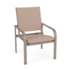 Three-quarter front view of a patio dining chair with a satin amber powder-coated frame and beige Charm Tango sling fabric.