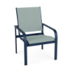 Front perspective view of a commercial patio dining chair with a deep blue metallic frame and seafoam blue-green woven sling fabric.