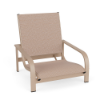 Three-quarter front view of a low-profile outdoor beach or sand lounge chair with a satin amber powder-coated frame and beige Charm Tango sling fabric.