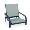 Front perspective view of a low commercial patio sand chair featuring a deep blue metallic aluminum frame and seafoam blue-green woven sling fabric.