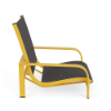 Side profile view of a low-to-the-ground outdoor sand chair featuring a bright yellow metal frame and dark charcoal metallic sling fabric.