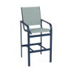 Front perspective view of a commercial outdoor bar chair featuring a deep blue metallic aluminum frame and seafoam blue-green woven sling fabric.