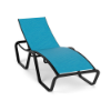 Three-quarter front view of a commercial outdoor chaise lounge featuring a dark textured charcoal frame and bright blue sling seating.
