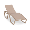 Three-quarter front view of a commercial poolside chaise lounge featuring a satin amber powder-coated frame and beige Charm Tango sling fabric.
