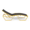 Side profile view of an adjustable commercial outdoor chaise lounge featuring a bright yellow metal frame and dark charcoal metallic sling fabric.