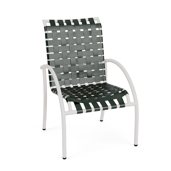 Front perspective view of an outdoor commercial patio chair featuring a white powder-coated frame with woven dark green vinyl straps.