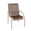 Three-quarter front view of a patio dining chair with a textured beige powder-coated aluminum frame and woven brown vinyl straps.