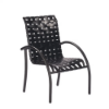 Three-quarter front view of a commercial outdoor dining chair featuring a tubular black aluminum frame and cross-woven vinyl vinyl straps in black.