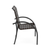 Side profile view of a commercial outdoor dining armchair constructed with a dark frame and cross-woven dark bronze vinyl straps.
