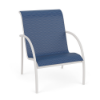 Three-quarter front view of a patio dining chair with a sky white metal frame and navy blue woven Nautica sling fabric.