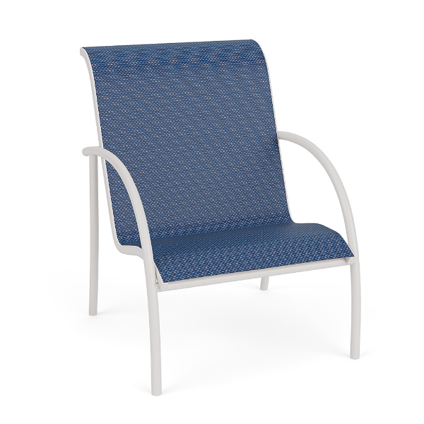 Three-quarter front view of a patio dining chair with a sky white metal frame and navy blue woven Nautica sling fabric.