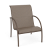 Three-quarter front view of an outdoor patio dining armchair featuring a dark espresso frame and beige and brown Taupe Tweed sling fabric.