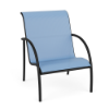 Front perspective view of a commercial outdoor dining chair featuring a textured charcoal aluminum frame and light blue sling seating.