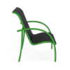 Side profile view of a commercial outdoor dining armchair featuring a vibrant lime green powder-coated frame and black sling fabric.