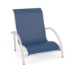 Three-quarter front view of a low outdoor sand lounge chair featuring a sky white powder-coated frame and patterned blue Nautica sling fabric.