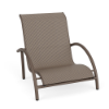 Three-quarter front view of a low-to-the-ground commercial sand chair featuring a dark espresso frame and neutral Taupe Tweed sling fabric