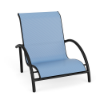 Front perspective view of a low commercial patio sand chair with a dark textured charcoal frame and light blue sling seating.