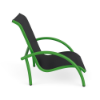 Side profile view of a low-profile commercial sand chair featuring a bright lime green tubular aluminum frame and black sling fabric seating.