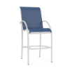 Three-quarter front view of a high-top commercial bar chair featuring a sky white metal frame and navy blue woven Nautica sling fabric.
