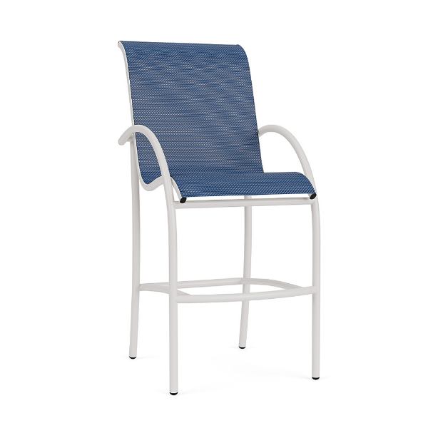 Three-quarter front view of a high-top commercial bar chair featuring a sky white metal frame and navy blue woven Nautica sling fabric.