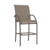 Three-quarter front view of an elevated outdoor bar stool featuring a dark espresso aluminum frame and neutral Taupe Tweed sling seating.