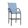 Front perspective view of a commercial outdoor bar height chair with a textured charcoal frame and light blue sling fabric.