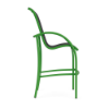 Side profile view of an elevated commercial outdoor bar chair featuring a bright lime green powder-coated frame and black sling seating.