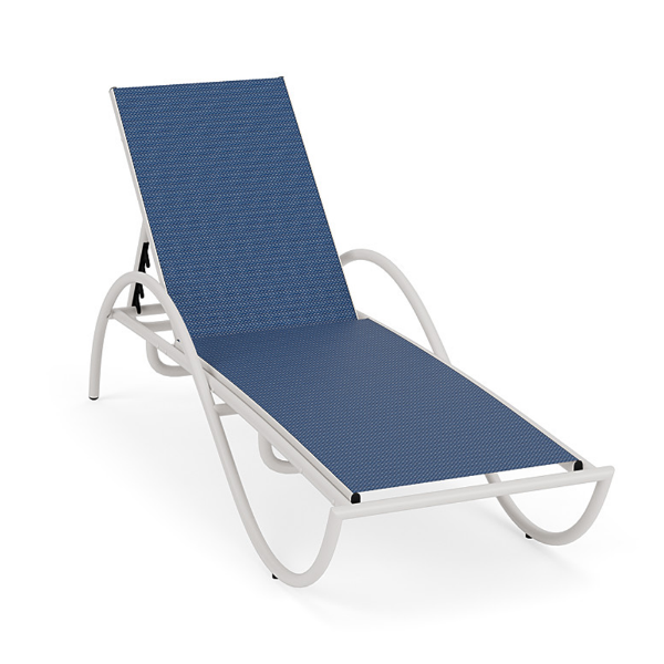 Three-quarter front view of a poolside chaise lounge chair with an adjustable back, white metal frame, and dark blue Nautica sling fabric.