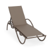 Three-quarter front view of a commercial outdoor chaise lounge featuring an adjustable backrest, a textured espresso frame, and neutral Taupe Tweed sling seating.