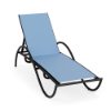 Front perspective view of an adjustable commercial pool lounger with a dark textured charcoal frame and light blue sling fabric.