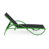 Side profile view of a commercial outdoor pool chaise lounge featuring an adjustable backrest, a bright lime green aluminum frame, and black sling fabric.