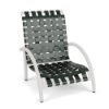 Front perspective view of a low-profile pool deck sand chair with a white powder-coated metal frame and dark Holly Green woven vinyl straps.