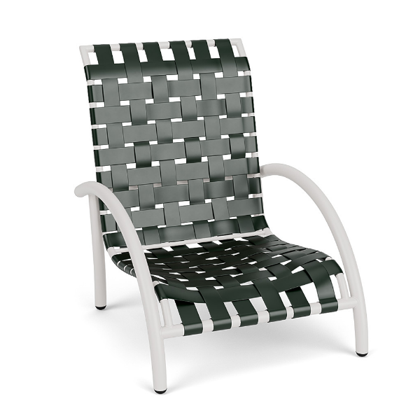 Front perspective view of a low-profile pool deck sand chair with a white powder-coated metal frame and dark Holly Green woven vinyl straps.