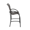 Side profile view of a commercial outdoor bar-height chair featuring a dark metallic Starlight frame, curved armrests, a built-in footrest, and dark Black Bronze cross-weave vinyl straps.